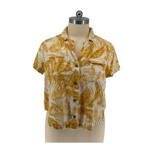 Wonderly Button Up Shirt Yellow Tropical Palm Print Linen Blend 1X